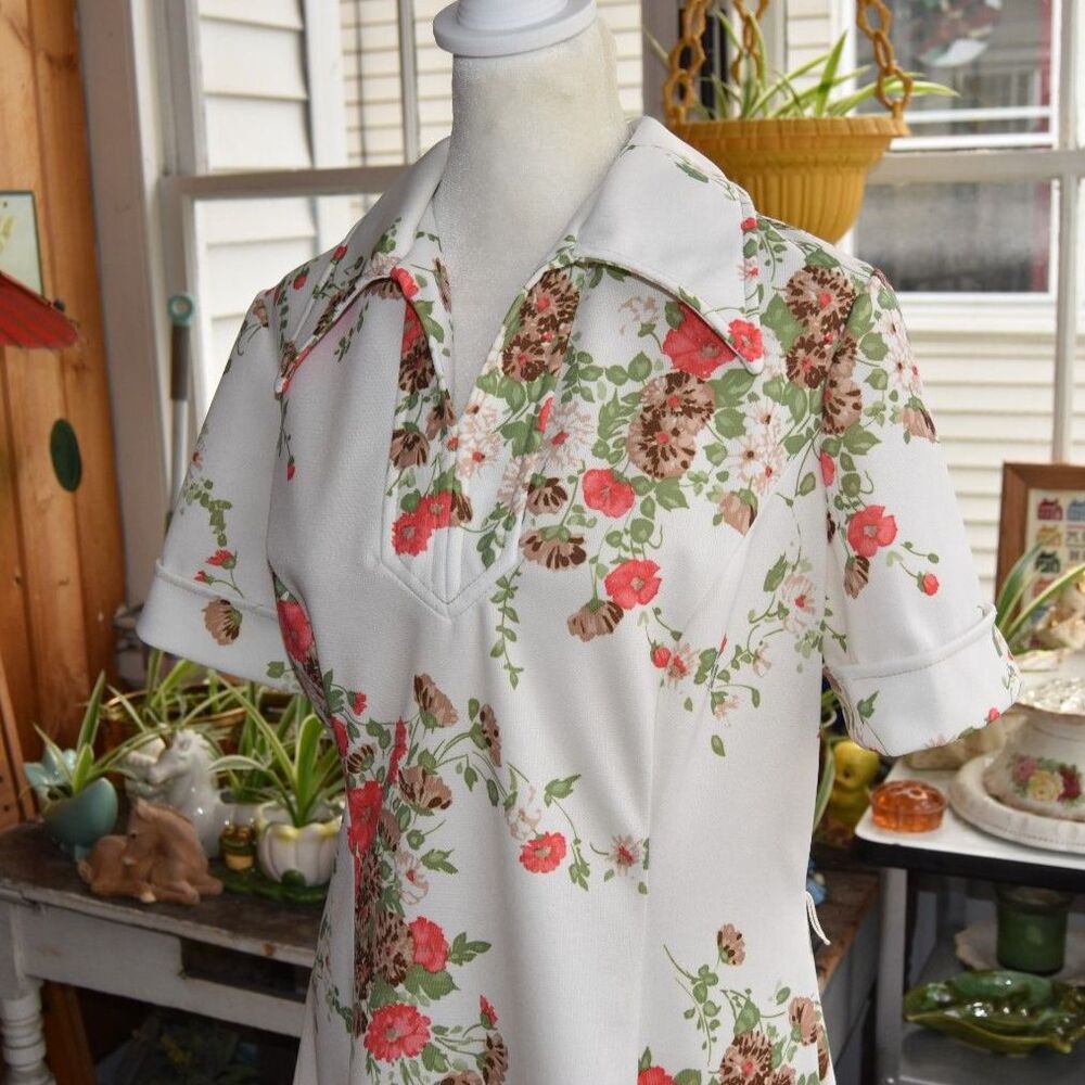 Vintage 1970s Floral Polyester Dress Pointed Collar A Line Midi Size L - Picture 6 of 7